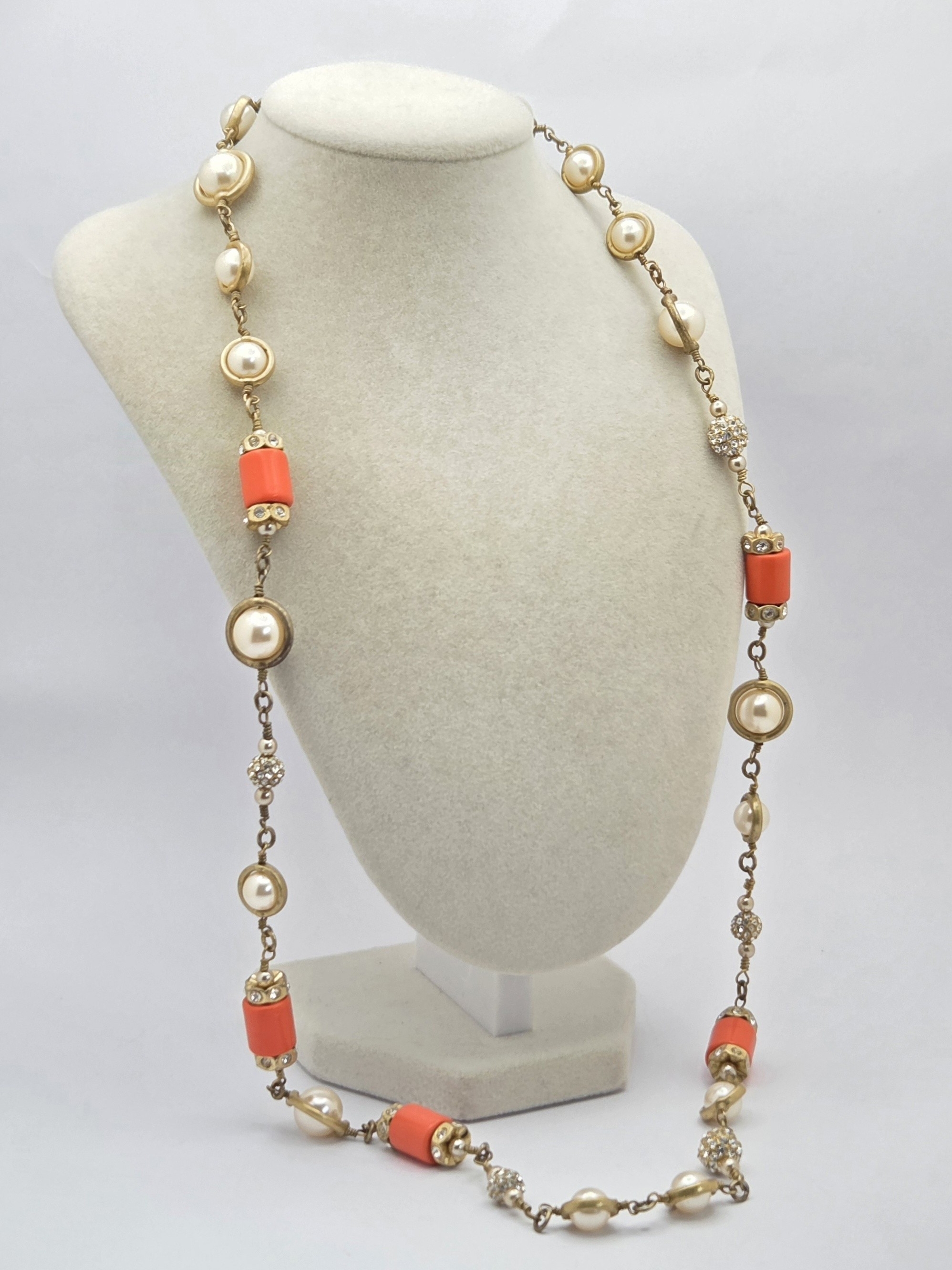 J. Crew Vintage Style Coral Orange & Faux Pearl Long Station Necklace - 28"